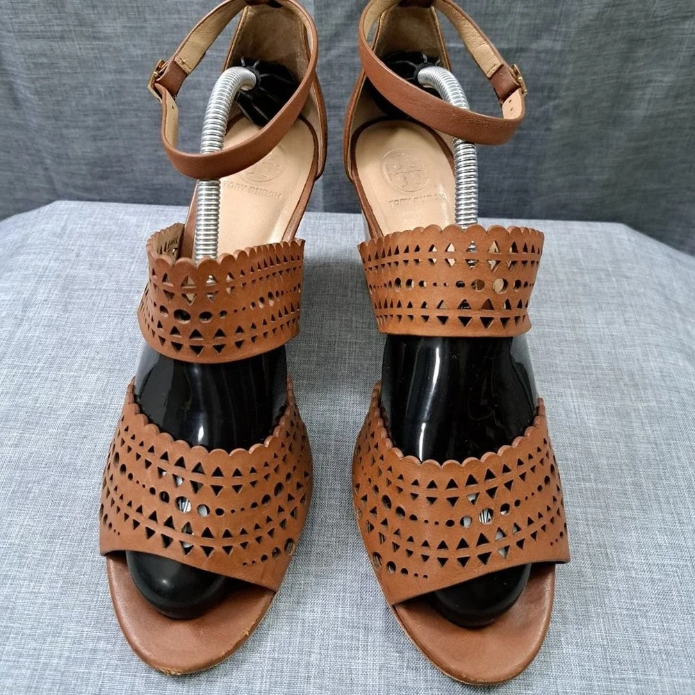 %TORY BURCH Brown Leather Wedges Sandals Size 9.5M Women / D14